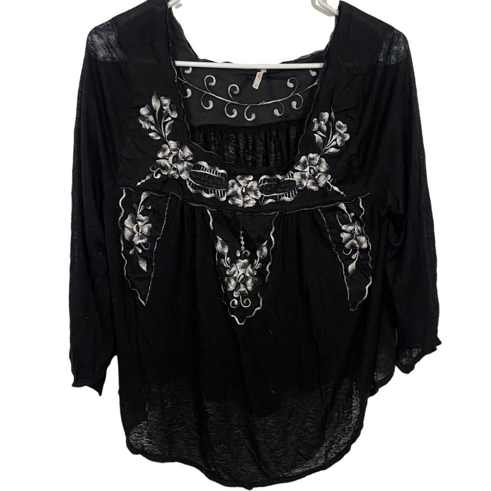 Free People Embroidered Square Neck Peasant Blouse